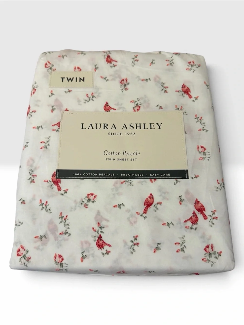 Laura Ashley RED CARDINAL Birds Holly Sheet Set TWIN ~ NEW Cotton Percale